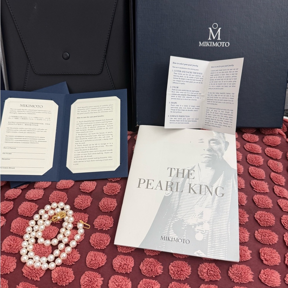 Mikimoto Classic Pearl Necklace with Box and Documentation 17” 7.0-7.5MM